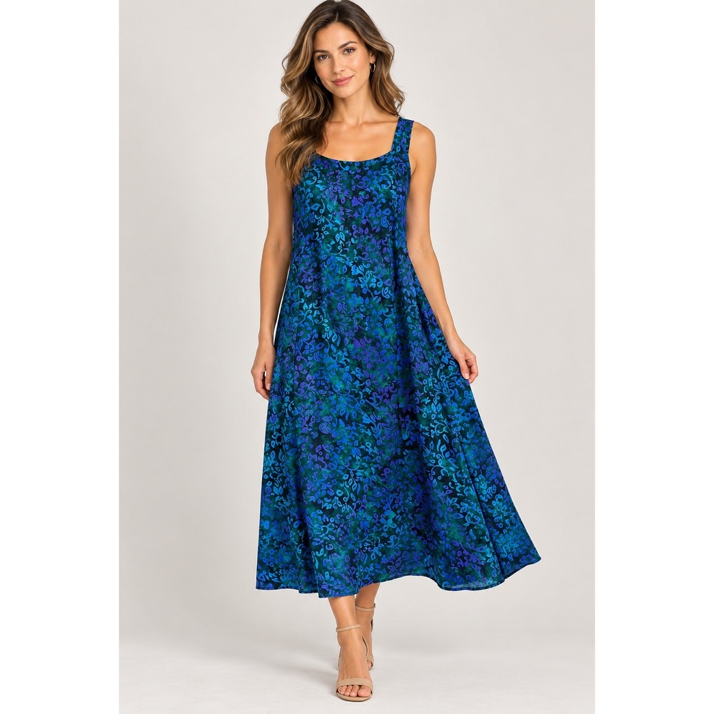 Eagle Ray Traders Batik Floral Maxi Dress XXL Blue Green Rayon Sleeveless Boho